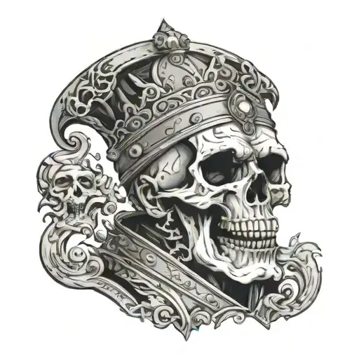 tarot card the emperor, with the face of a cracked skull, shouting, looks angry tattoo design idea