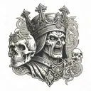 tarot card the emperor, with the face of a cracked skull, shouting, looks angry tattoo design idea