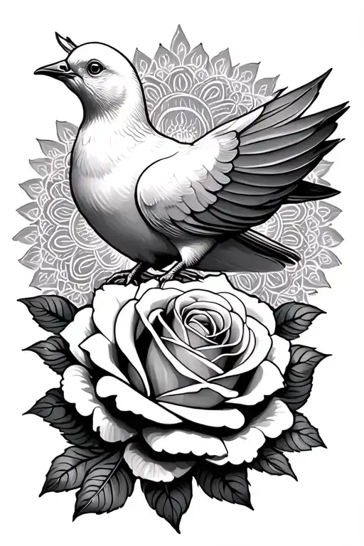 dove sitting on mandala rose intertwined tattoo design idea