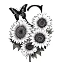 black and white. 3 Sunflowers, 1 butterfly, shaped in letter C for right shoulder. tattoo design idea