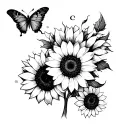 black and white. 3 Sunflowers, 1 butterfly, shaped in letter C for right shoulder. tattoo design idea