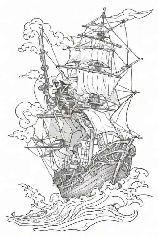 skeleton pirate going down with his ship in a storm tattoo design idea