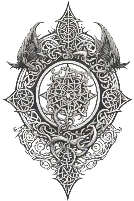 Celtic dragon entangling the tree of life and holding a compass in one hand and broken chains in the other tattoo design idea