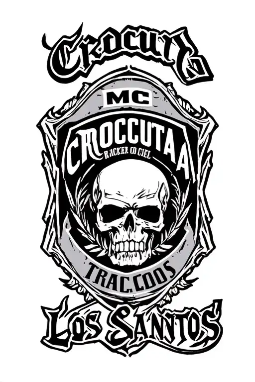 A detailed outlaw motorcycle club backpatch, top rocker text "Crocuta MC", bottom rocker text "Los Santos", center patch tattoo design idea