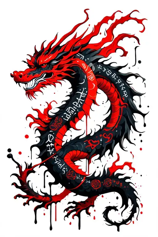 Chinese dragon wrapped on the leg with Nordic runes and vegvisir tattoo design idea