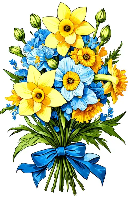 Blue sweet wild william flowe bouquet made of daffodil tattoo design idea