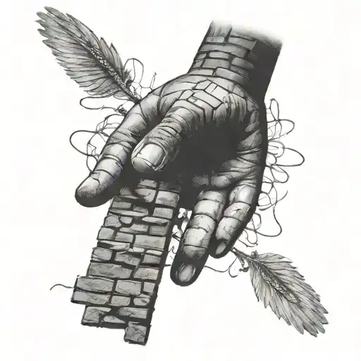 bricks with hand towards heaven tattoo design idea