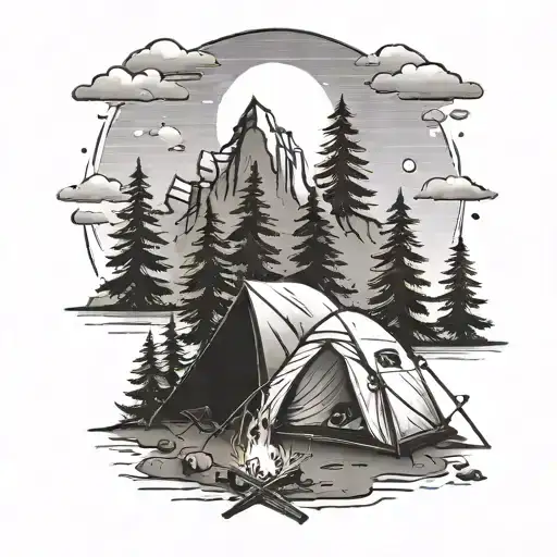 A black-grey tattoo of a peaceful campsite in the mountains with a bonfire and tent tattoo design idea