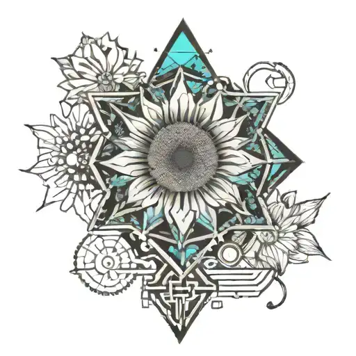 sunflower with mountains and beach scene tattoo design idea