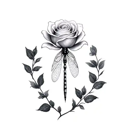 Dragonfly white rose tattoo design idea