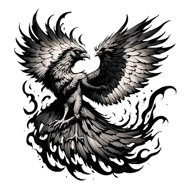 A dark, battle-worn phoenix tattoo design, flying upward with large, torn wings and burned black feathers. The phoenix  tattoo design idea
