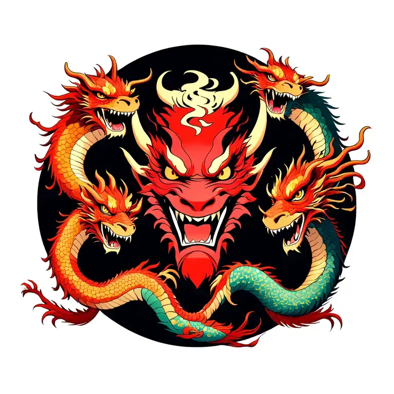In the middle is a demon face surrounded by four Asian dragons tattoo design idea