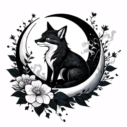 A fine-line tattoo design of a mystical fox (Kitsune) sitting inside a crescent moon, surrounded by flowers and smoke. R tattoo design idea