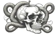 skull in the shape of an apple surrounded by a snake with its mouth aggressively bent tattoo design idea