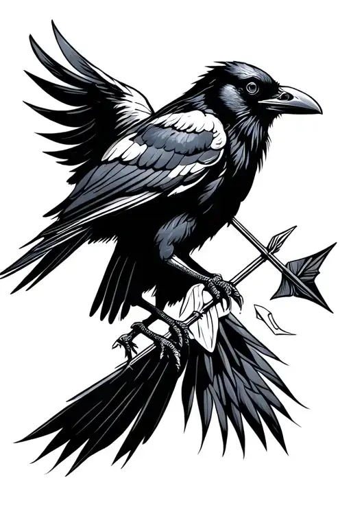 a crow with an arrow in its neck intertwined tattoo design idea