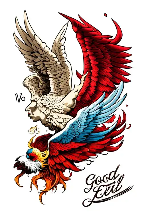good versus evil, fallen angel tattoo design idea