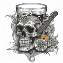 Whisky glass with a skull inside. With a broken guitar, poker chip, and cigarette  tattoo design idea