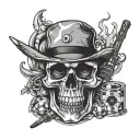 Whisky glass with a skull inside. With a broken guitar, poker chip, and cigarette  tattoo design idea