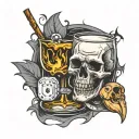 Whisky glass with a skull inside. With a broken guitar, poker chip, and cigarette  tattoo design idea