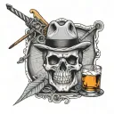 Whisky glass with a skull inside. With a broken guitar, poker chip, and cigarette  tattoo design idea