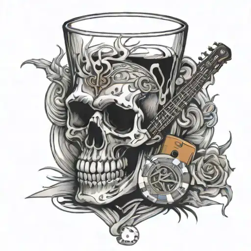Whisky glass with a skull inside. With a broken guitar, poker chip, and cigarette  tattoo design idea