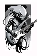 Xenomorph playing bass guitar tattoo design idea