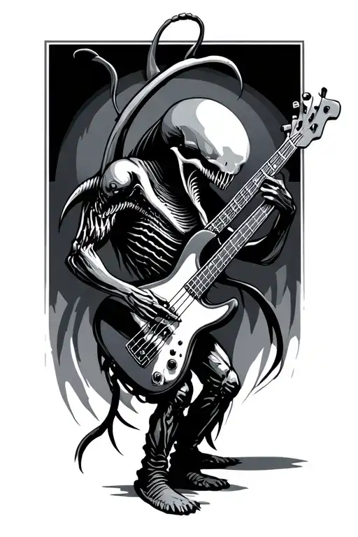 Xenomorph playing bass guitar tattoo design idea