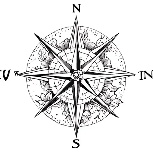 compass arrows with small lotus flower in bottom right hand corner tattoo design idea