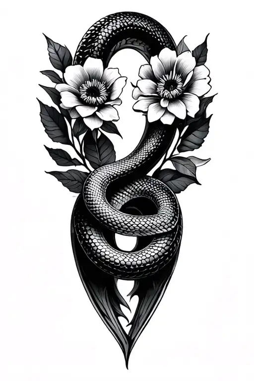 snake and flowers  tattoo design idea