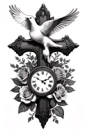 Cross with roses a dove and clock tattoo design idea