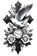 Cross with roses a dove and clock tattoo design idea