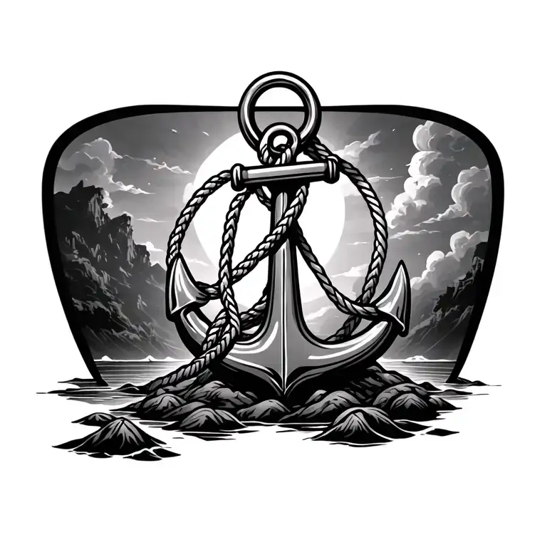 Black and gray tattoo design. A bold traditional anchor with rope draped around it, set firmly on a small island surroun tattoo design idea