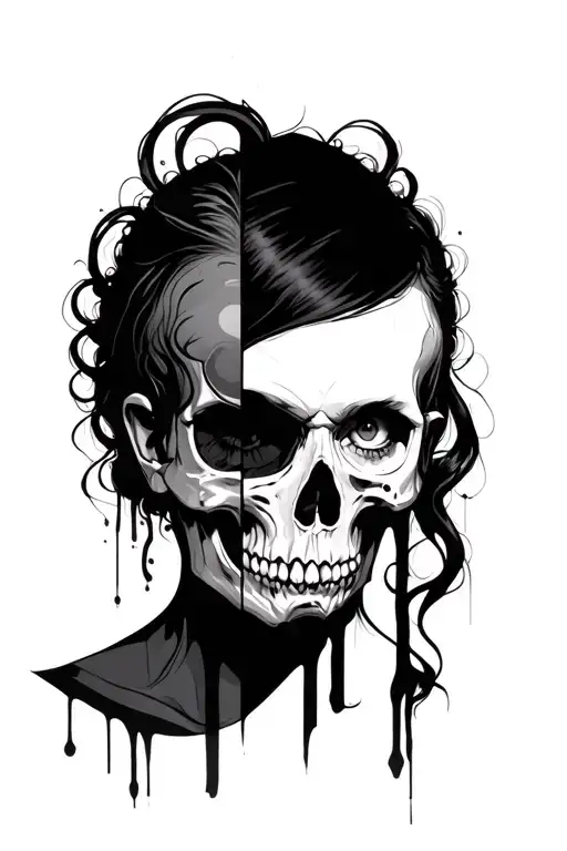 half skull half flesh femal face tattoo design idea