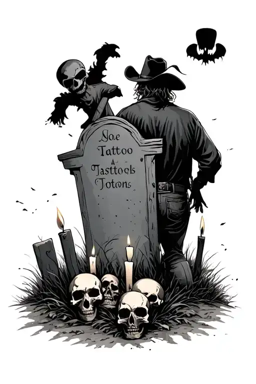 graveyard, skulls with candles, and a cowboy walking away  tattoo design idea