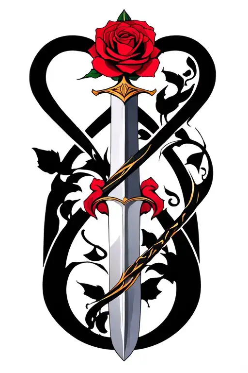 A minimalist design of the Mulan family sword intertwined with a rose from Beauty and the Beast tattoo design idea