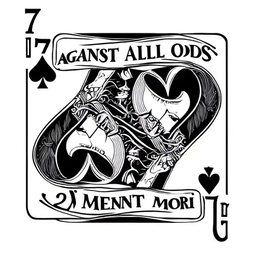 7 spades card and 2 diamonds card with the words against all odds above the cards and Memento mori below the cards tattoo design idea