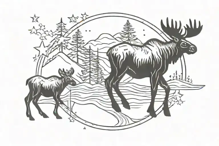 aurora borealis stars mama moose 2 baby moose tattoo design idea