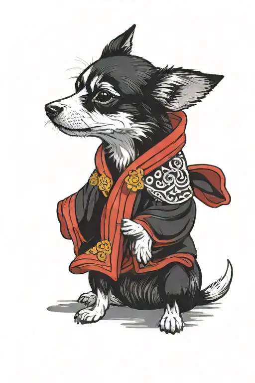 portrait of a small dog wearing red robe, in style of orthodox icon. the dog is black, with a white chest and brown face tattoo design idea
