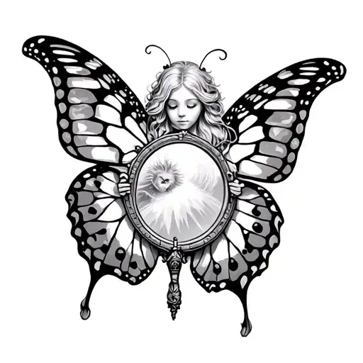 Heavenly solar goddess, radiant blonde child alo light butterfly butterfly sign from the lion holds a mirror tattoo design idea
