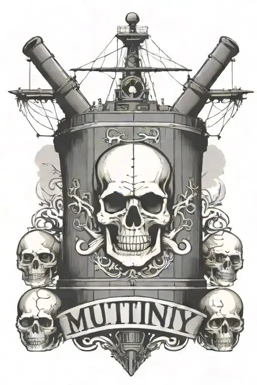 big container ship with stacks of containers with a skull and anchor below and with text below that says "mutiny" tattoo design idea