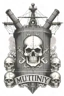 big container ship with stacks of containers with a skull and anchor below and with text below that says "mutiny" tattoo design idea