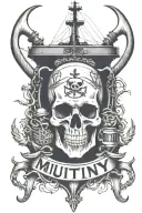 big container ship with stacks of containers with a skull and anchor below and with text below that says "mutiny" tattoo design idea