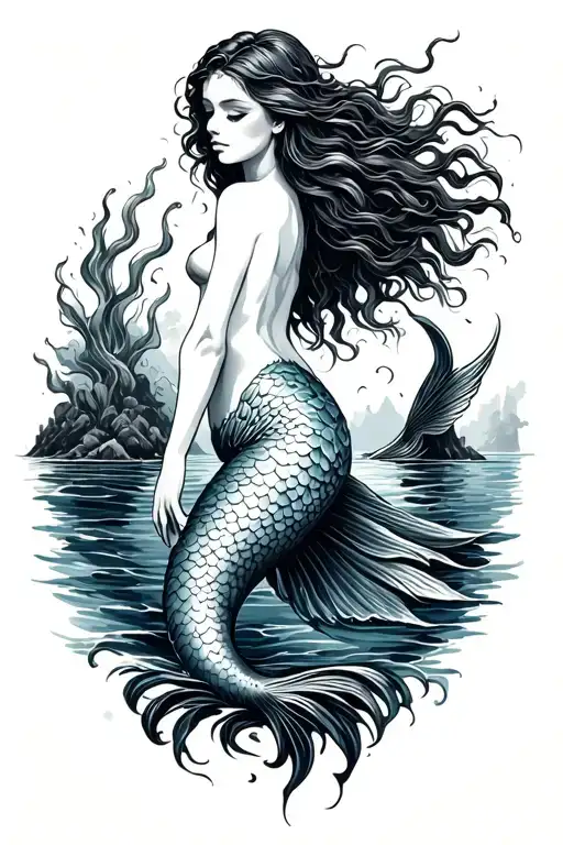 Sea Landscape with mermaid tattoo design idea