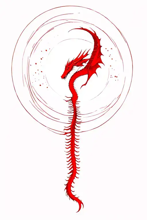 a feminin long spine tattoo of a red  minimalistic dragon flying up to a  full moon tattoo design idea