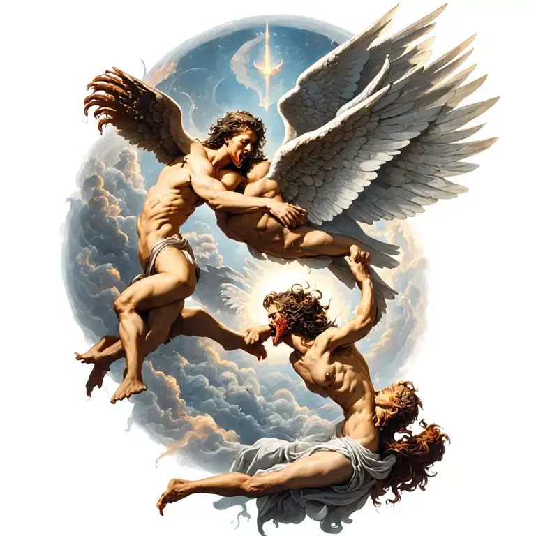 heaven vs hell theme with angels and demons fighting tattoo design idea