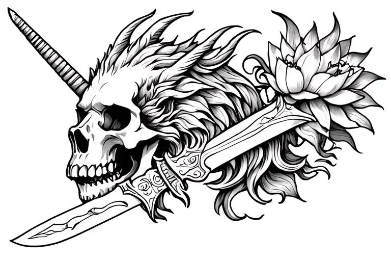 Skull, drakon, Lion, Lotus, unicorn, knife crossed tattoo design idea