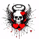 music note,hearts,bard wire, skull, devil horns, halo, demon wings tattoo design idea