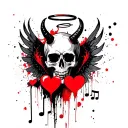 music note,hearts,bard wire, skull, devil horns, halo, demon wings tattoo design idea