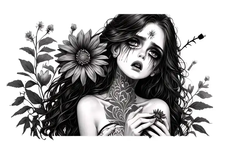 sexy, crying with mascara pale girl wearing little clothing holding a  flower in her hands tattoo design idea