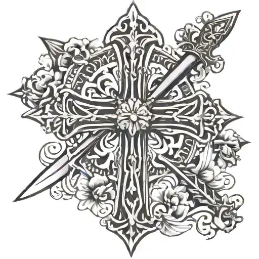 cross of saint benoit with sword and fleur de lys flower tattoo design idea